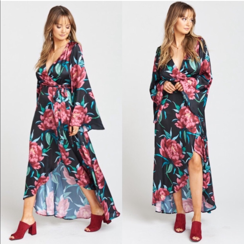 Show Me Your Mumu Women's Anita Wrap Dress Ruby Bloom Satin, XS